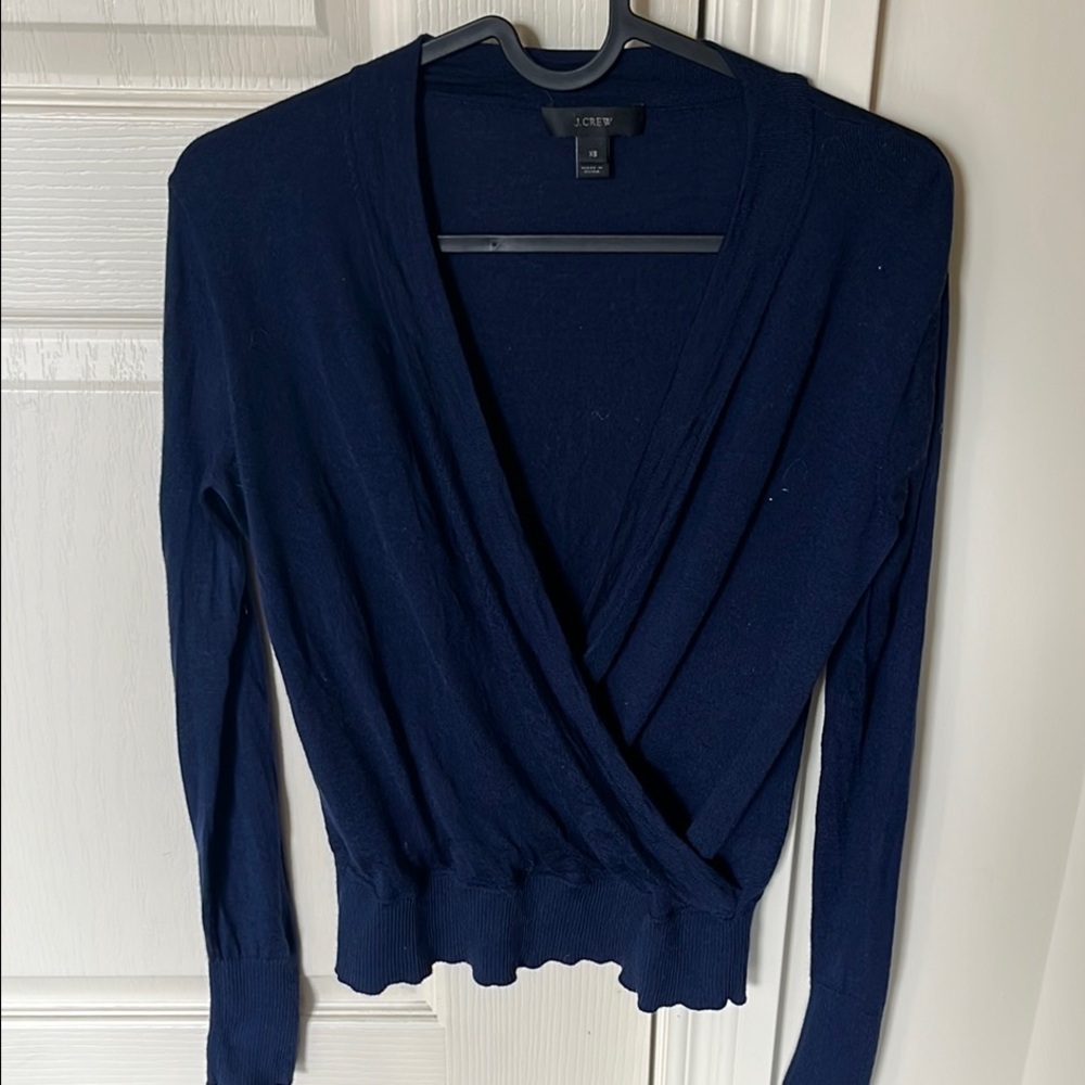 J.Crew 100% Merino Wool Wrap Sweater Navy XS soft knit cozy luxe minimalist